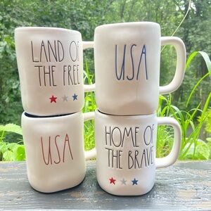 RAE DUNN Patriotic USA Ceramic Mug Set - White with Red and Blue Accents